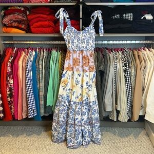 Tulip Creations blue/white/lavender/orange floral smocked maxi dress S NWOT